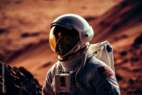 Portrait of a serious astronaut on Mars.