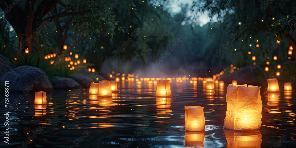 Ramadan Lanterns Adrift on a River: A peaceful scene of lanterns gently floating down a river at night, each lantern carrying prayers and hopes for the month, titled Lanterns Adrift - Ramadan