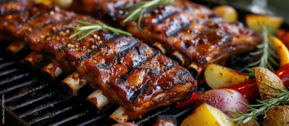 Grilled ribs, garlic, potatoes, and green peppers served with grilled vegetables at a picnic or banquet. Grilled ribs, garlic, potatoes, and green peppers served with grilled vegetables at a picnic or banquet.