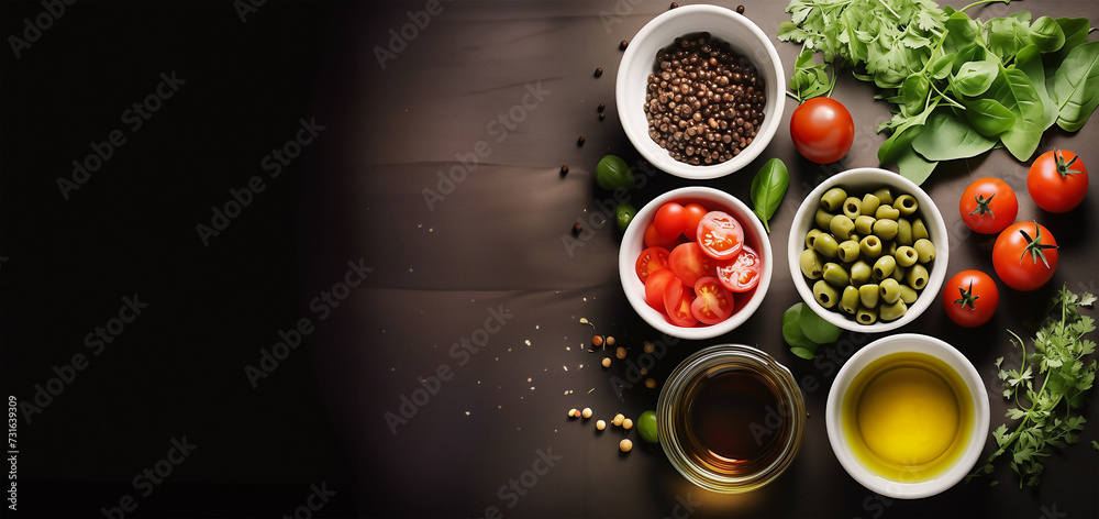 Healthy salad ingredients: lettuce, tomato, olives on dark rustic background with copy space. Banner Healthy salad ingredients: lettuce, tomato, olives on dark rustic background with copy space. Banner
