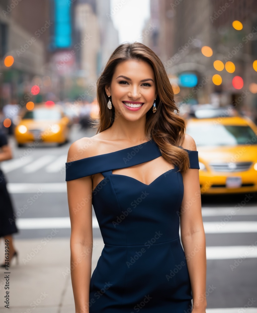 a woman in a blue dress is smiling for the camera on a city street with people walking by 