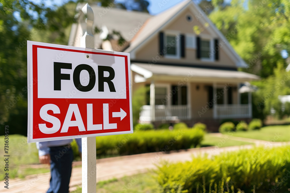 real estate agent presenting for sale house with a sign in front of a charming house and real estate property sell concept. real estate agent presenting for sale house with a sign in front of a charming house and real estate property sell concept.