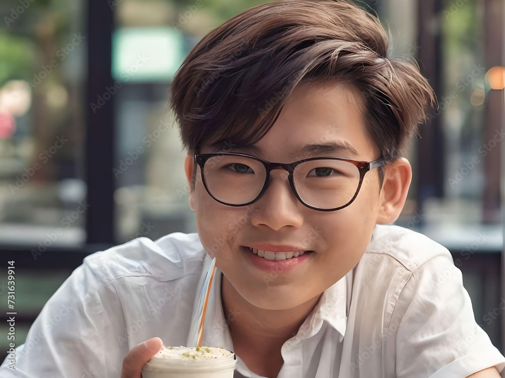 Adorable Asian Guy with Glasses Drinking Foamy Beverage in A Restaurant Portrait Adorable Asian Guy with Glasses Drinking Foamy Beverage in A Restaurant Portrait