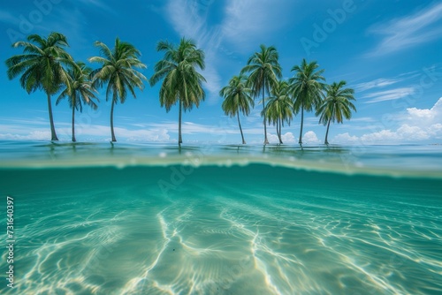 Lush palm trees on a sandy beach with their reflection in the crystal-clear ocean water below a blue sky
