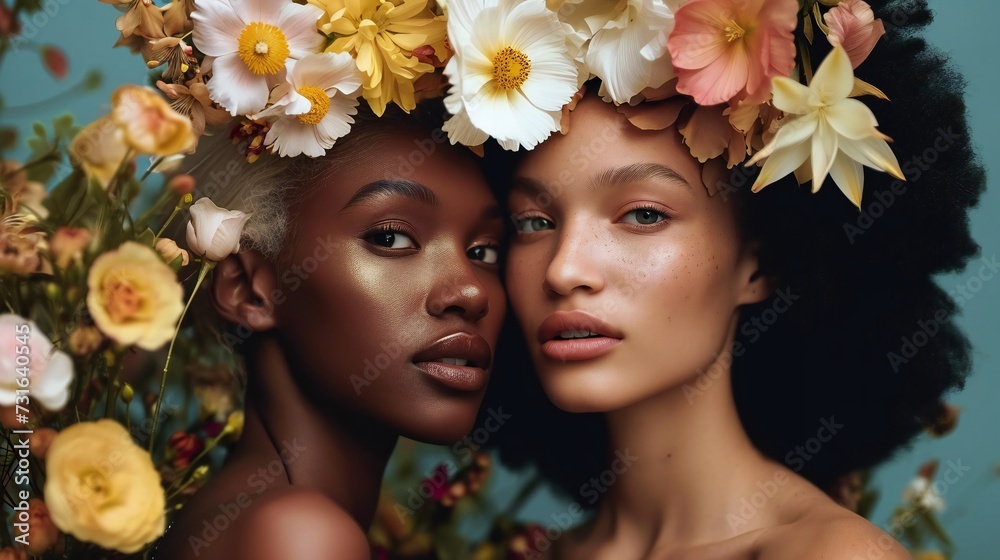 Obraz premium Diverse women adorned with flowers.
