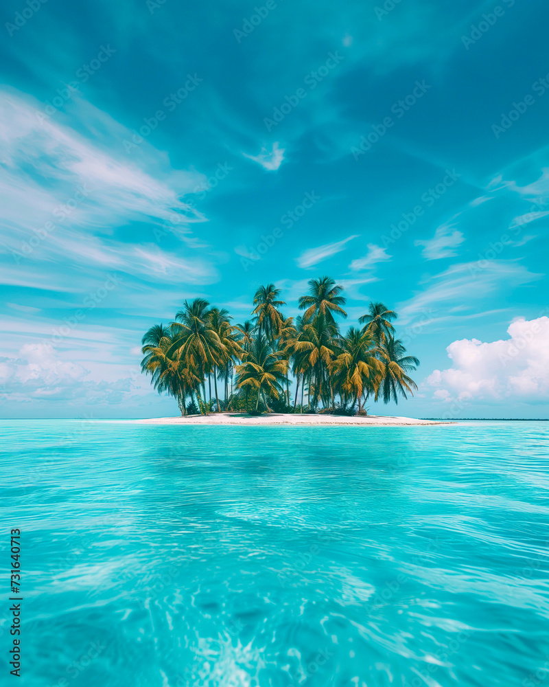 A picturesque isle with dense palms under soft cumulus clouds floating in the vividly blue tropical sky
