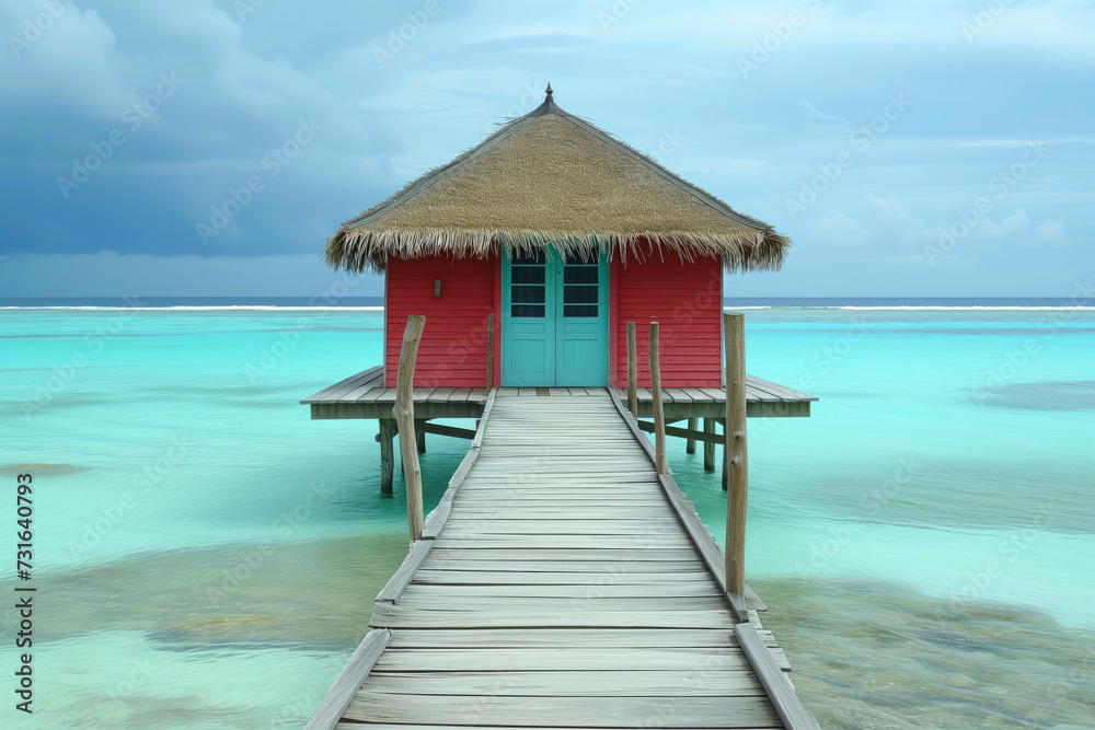 A vibrant red overwater bungalow with a thatched roof extends out into a calm turquoise sea under a stormy sky