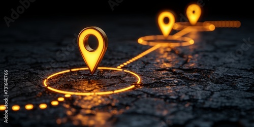 Illuminated GPS Location Pins Mapping a Journey Across a Digitally Conceptualized Terrain, Generative AI