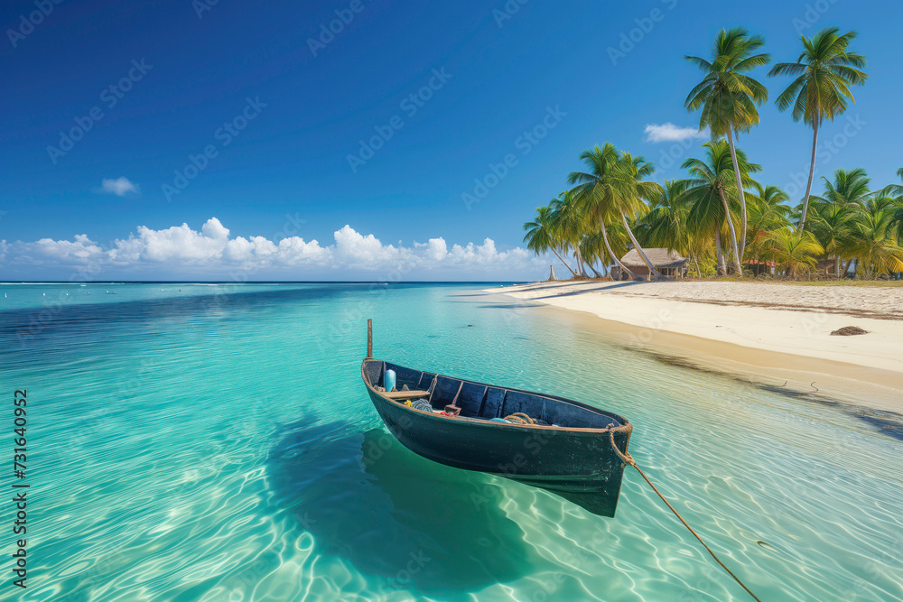 Naklejka premium A tranquil tropical scene with a wooden boat moored on a calm, clear water beach, surrounded by palm trees