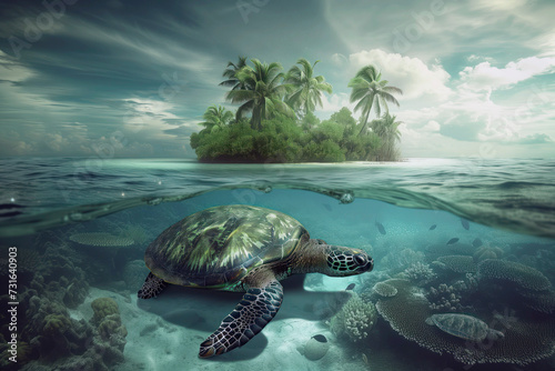 An enchanting underwater shot capturing a sea turtle swimming by a vibrant coral reef under a dappled sunlight