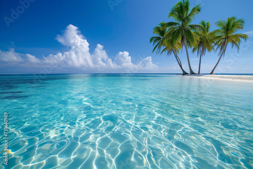 Crystal clear turquoise sea with a sandy beach framed by beautiful palm trees on a sunny day, depicting paradise