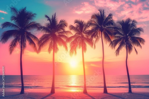 Stunning sunset illuminating palm trees on a tropical beach, creating a warm and romantic atmosphere