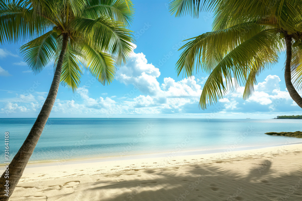 Calm waters and soft sandy beach under a clear blue sky, flanked by palm trees in a peaceful coastal setting