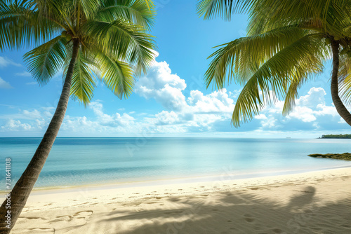 Calm waters and soft sandy beach under a clear blue sky  flanked by palm trees in a peaceful coastal setting
