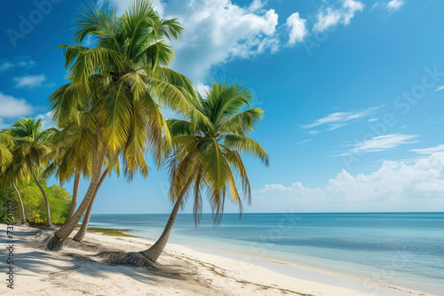 Beautiful tranquil beach scene featuring three tall palm trees leaning over a peaceful sandy shore