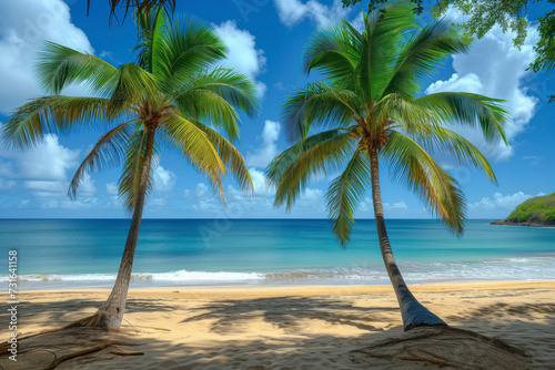 Coastal landscape with lush palm trees on the golden sandy beach against a backdrop of blue seas