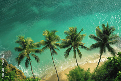 Aerial shot of four palm trees towering over a sunny beach with turquoise ocean waters