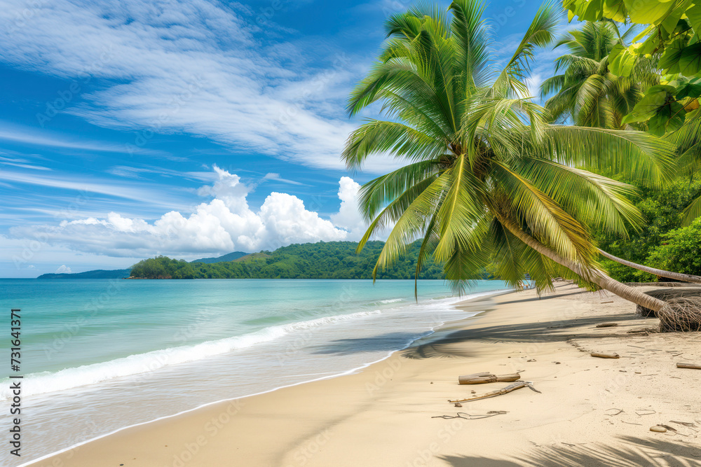 Scenic view of a serene tropical beach with a lush palm tree, white sand, and clear blue sky