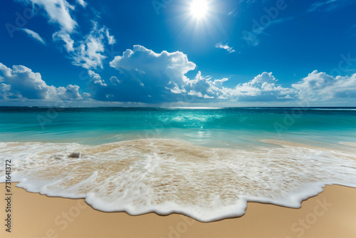 Stunning view of a sunny tropical beach with white sand  sparkling ocean water  and a bright blue sky with fluffy clouds