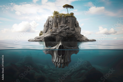 A mysterious island with trees reflecting in the water, forming a skull shape, under a cloudy sky