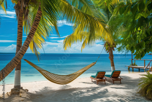 Tranquil beach scene with a hammock strung between palm trees  overlooking the calm blue sea
