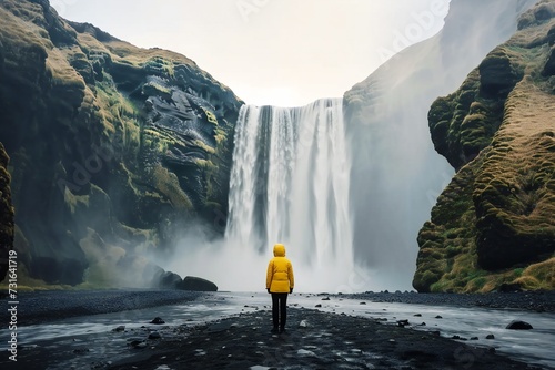 Anonymous person, wearing a vibrant yellow raincoat, gazes pensively at the majestic waterfall.