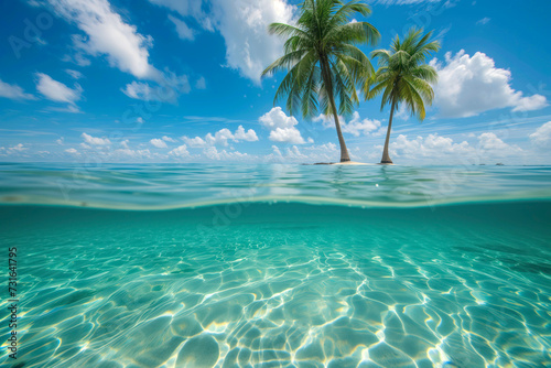 Clear  sunny day with two palm trees standing on a serene  sandy tropical beach with calm sea water