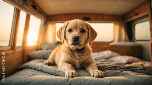 A beautiful puppy of golden retriever sits in a campervan with sunset and the sea on the background, a happy dog travels in the summer with its owners. Advertising for camping, travel, hiking.