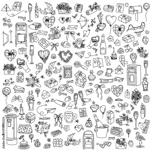 The set is colored large for Valentine's Day in a doodle style. Black and red linear outline. An isolated vector. Objects for lovers are contour illustrations. Sketch cute thin black lines