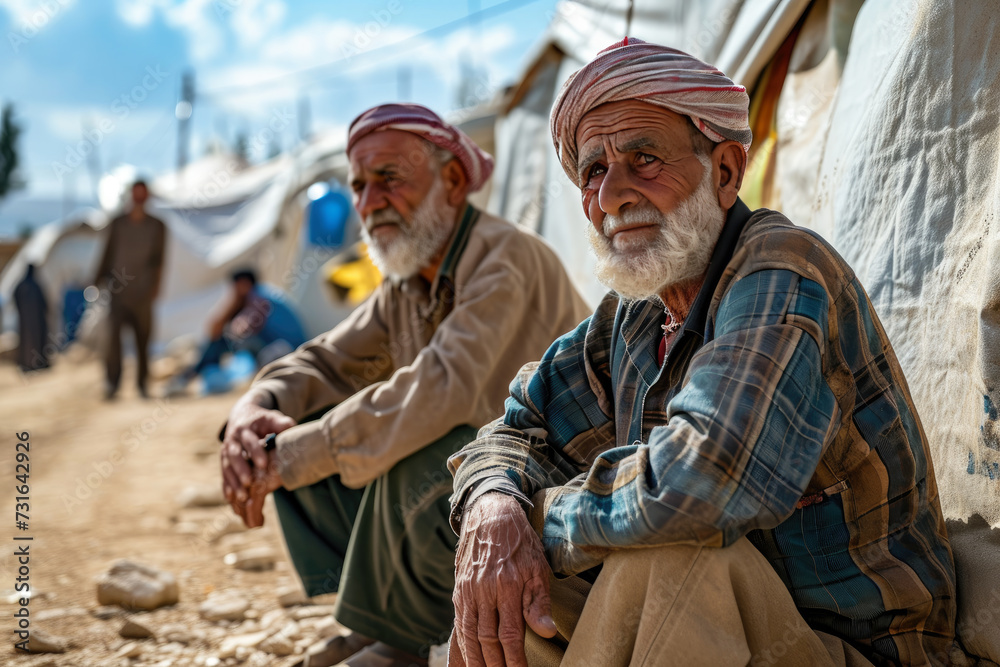 Two old refugee men in a refugee camp border. World Refugee Day.
