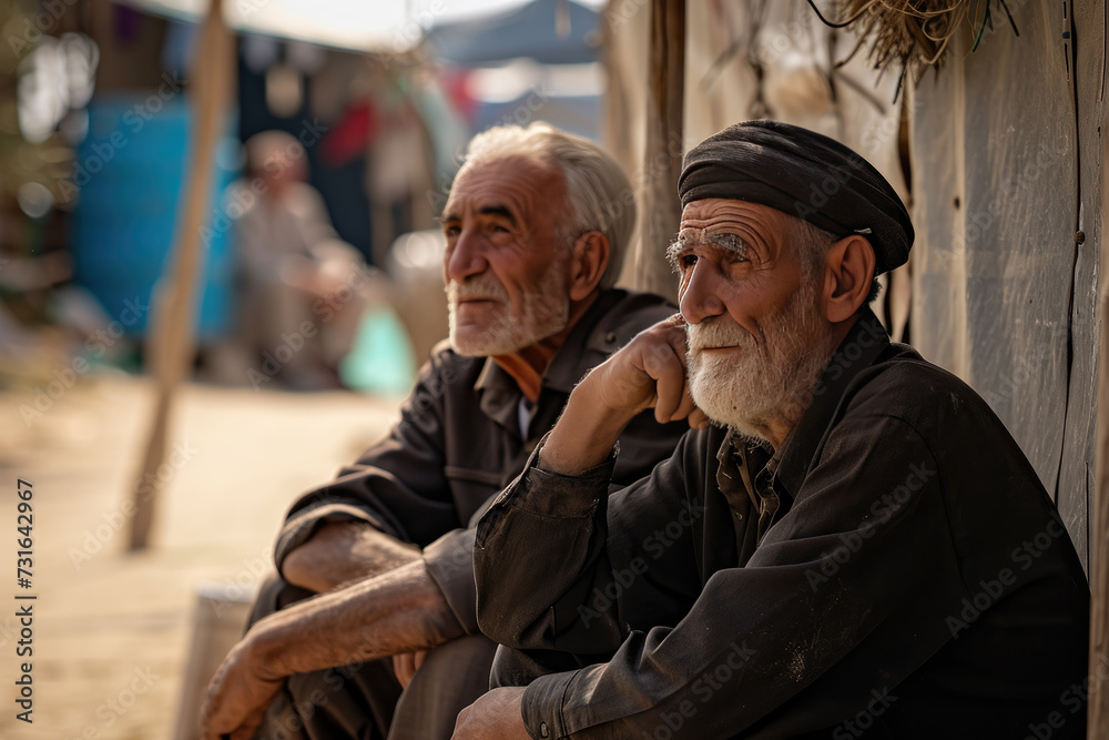 Two old refugee men in a refugee camp border. World Refugee Day.