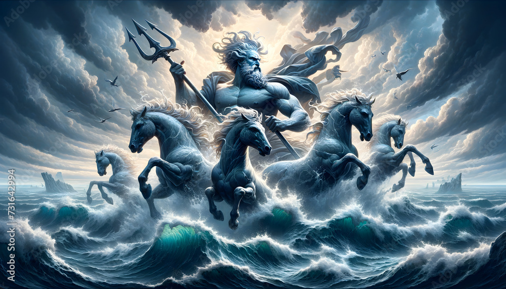 Illustration Of Poseidon The God Of The Sea Earthquakes And Horses 