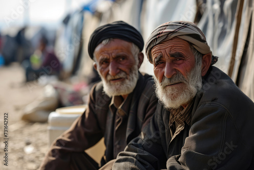 Two old refugee men in a refugee camp border. World Refugee Day. photo
