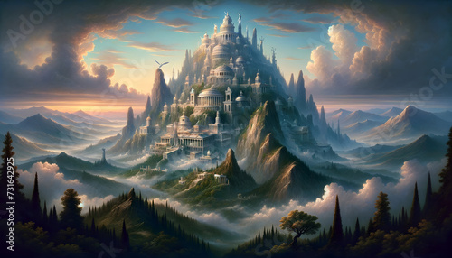 A majestic and ethereal illustration of Mount Olympus, the home of the gods in Greek mythology