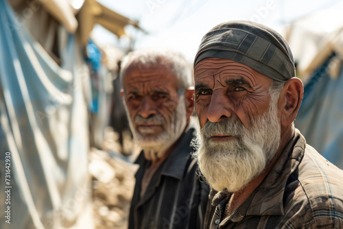 Two old refugee men in a refugee camp border. World Refugee Day. © ebhanu