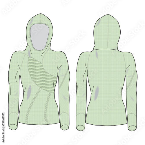 Sport hoodie women for fashion front and back view flat drawing vector template