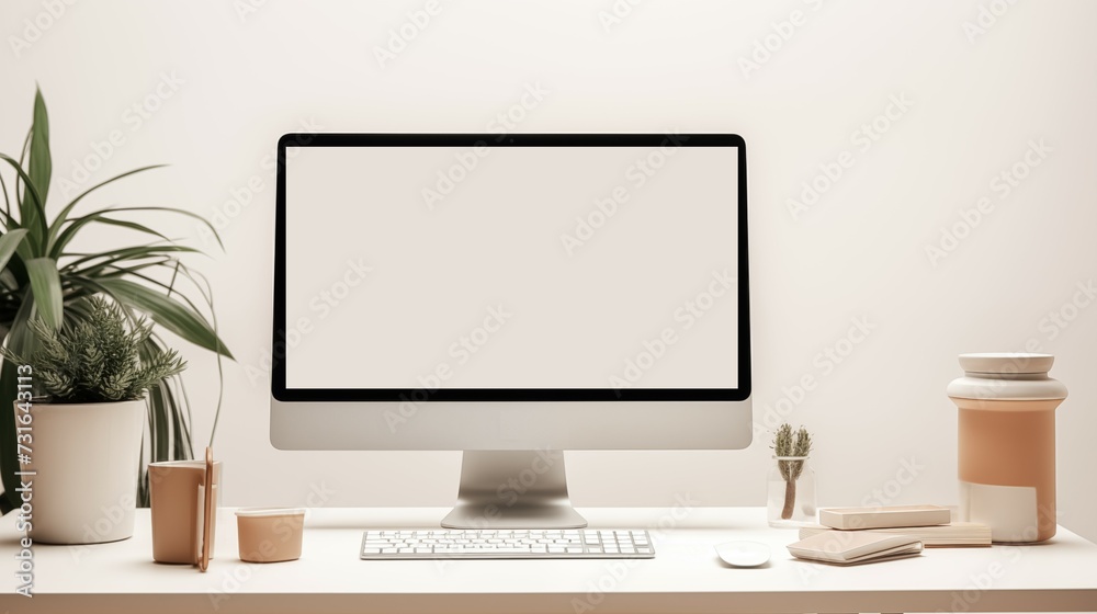 A blank screen on desktop computer on a white desk. A blank screen on desktop computer on a white desk.