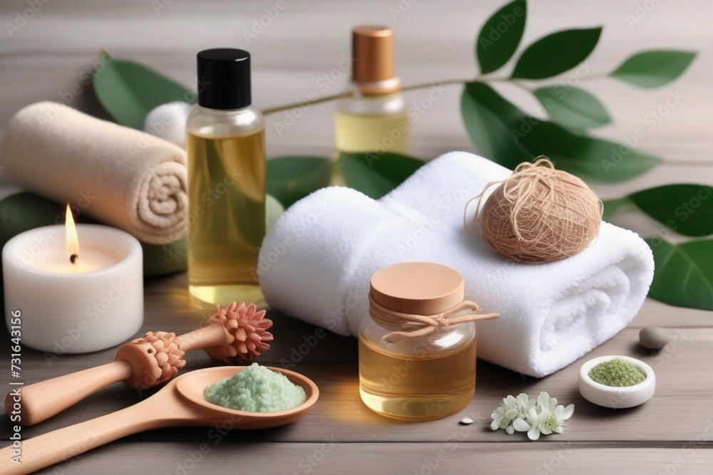 Spa composition with herbal compress balls, candles and towels on wooden background Spa composition with herbal compress balls, candles and towels on wooden background