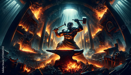 illustration of Hephaestus (Vulcan), the god of fire, metalworking, and craftsmanship in Greek mythology
