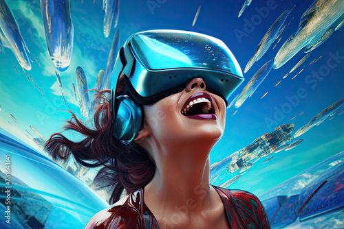 young women wearing vr headset, dreamlike illustration, realistic blue skies, retro-futuristic