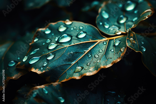 water droplets on a leaf shot by ali plk, in the style of dark teal and dark gold, peder mork monsted, dreamy symbolism, visually poetic,realism with fantasy elements photo