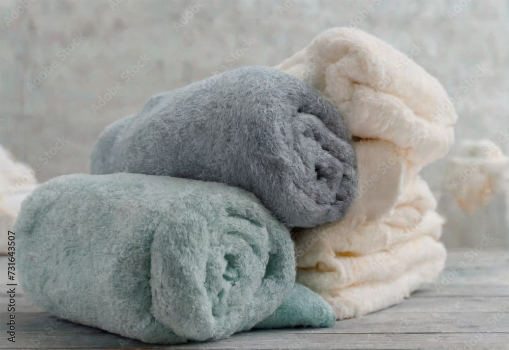 Stack of clean towels on wooden table, closeup. Space for text