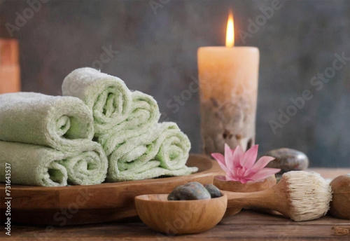 Spa still life with towels  candle and stones on wooden background