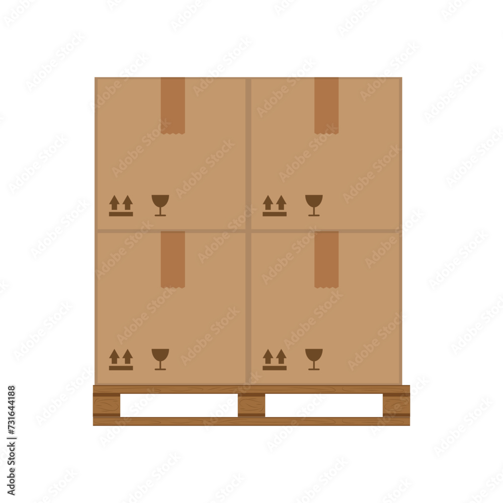 Boxes on wooded pallet vector illustration, flat style warehouse cardboard boxes for parcels stack front view Boxes on wooded pallet vector illustration, flat style warehouse cardboard boxes for parcels stack front view