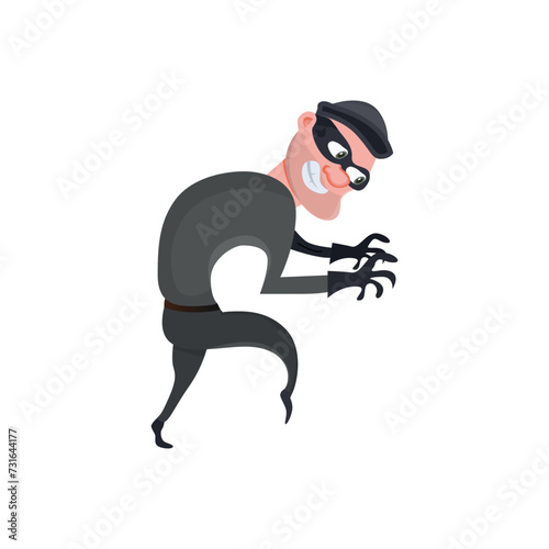 Cartoon thief walks carefully. Funny robber. Vector illustration on white background