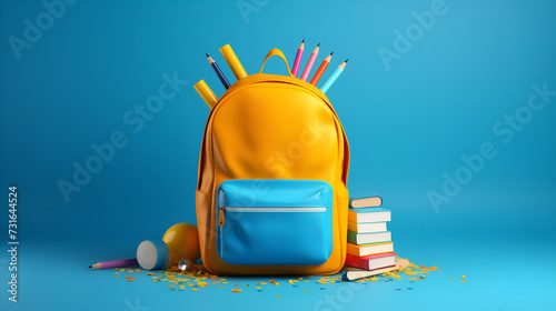 School backpack and stationery, with blue color background