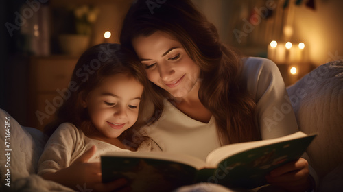 Young mother and daughter reading book in a cozy room