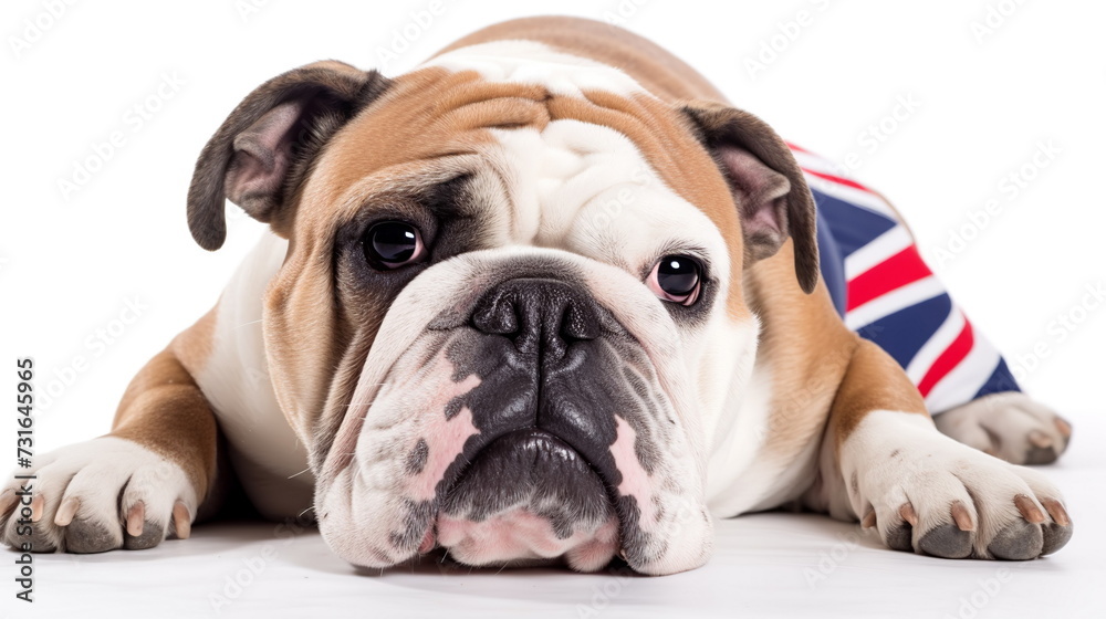 English bulldog dog wrapped in union jack flag lying down isolated on white background. English learning language school concept. Copy space.
