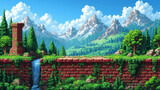 pixel art of a simple nature video game backgound with blue sky and clouds