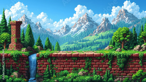 pixel art of a simple nature video game backgound with blue sky and clouds photo